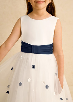Azazie Cricket Flower Girl Dresses Ivory Dark Navy Ball-Gown Pleated Matte Satin Dress image8