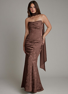 Azazie Electra Probar vestidos en casa Vestido de Jacquard De Chocolate de Jacquard Floral de Corte Sirena con Corsé image1