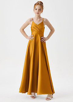 Azazie Avelina Junior Butterscotch A-Line Pleated Stretch Satin Dress image3