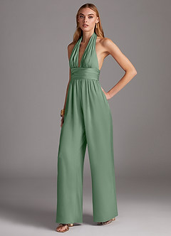 emerald thirteen リネンセットアップ Azazie Oli Stretch Satin Jumpsuit Ready to Ship Matcha Stretch