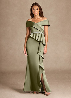 Azazie Dareia Moeder van de bruid jurken Zeemeermin Jurk van Stretch Satijn Off the Shoulder Pistache image3