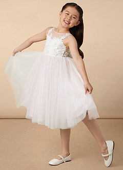 Azazie Junabee Flower Girl Dresses Ivory Blushing Pink A-Line Lace Tulle Dress image2