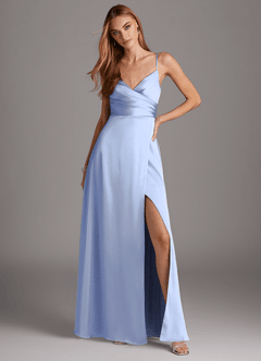 Azazie Calissa Vestidos de damas de honor Vestido de Hielo de Satén Elástico de Corte en A con Cuello en V Plisado image3
