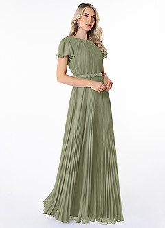 Azazie Kara Robes de demoiselle d'honneur modestes Robe Trapèze Plissée Longueur ras du sol Mousseline de soie image3