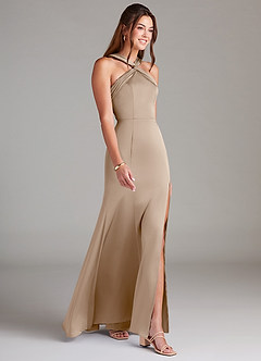 Azazie Rue Bridesmaid Dresses Taupe A-Line Pleated Stretch Satin Dress image4