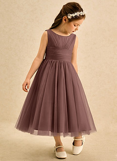 Azazie Macaron Flower Girl Dresses Espresso A-Line Pleated Tulle Dress image1