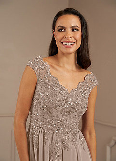Azazie Amethyst Mother of the Bride Dresses Taupe A-Line V-Neck Sequins Chiffon Dress image7