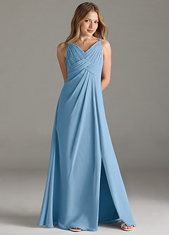 Azazie Maren Allure Junior Vestido de Azul Acero de Gasa de Corte en A con Encaje image4