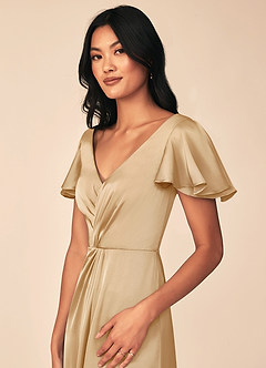 Azazie Soren Bridesmaid Dresses Gold A-Line Pleated Stretch Satin Dress image7