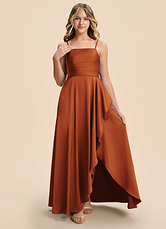 Azazie Naveah Junior Cinnamon A-Line Ruched Stretch Satin Dress image6