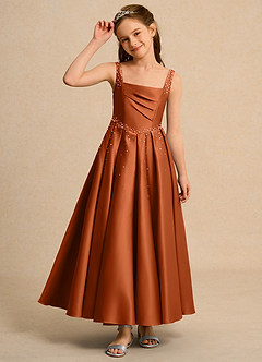 Azazie Mochi Girls Formal Flower Girl Dresses Burnt Orange Ball-Gown Pleated Matte Satin Dress image6