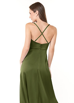 Azazie Naomie Bridesmaid Dresses Olive A-Line Cowl Neckline Side Slit Stretch Satin Dress image3