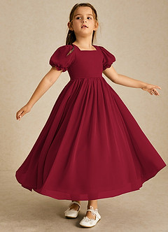 Azazie Joss Blumenmädchenkleider A-Linie mit ärmel Chiffon Kleid Burgunderrot image3