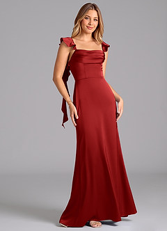 Azazie Adi Bridesmaid Dresses Pomegranate A-Line Pleated Stretch Satin Dress image5