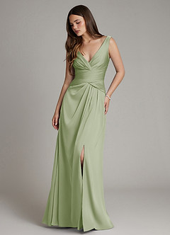 Azazie Pauline Final Sale Dusty Sage A-Line Pleated Stretch Satin Dress image1