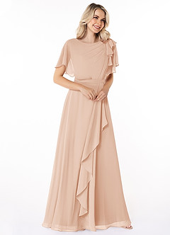 Azazie Aaliyah Bescheiden Bruidsmeisjekleding A-Lijn Bocht Gevouwen Chiffon Vloerlengte Jurk image3