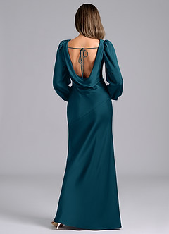 Azazie Melani Bridesmaid Dresses Ink Blue Mermaid Long Sleeve Stretch Satin Dress image2