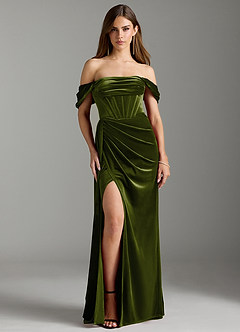 Azazie Amyra Bridesmaid Dresses Olive Sheath Off the Shoulder Velvet Convertible Dress image6