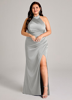 Azazie Jemma Bridesmaid Dresses Silver Sheath Pleated Stretch Satin Dress image7