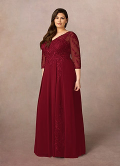 Azazie Noella Mère de la mariée Robes Robe Trapèze en Mousseline de soie Col V Dentelle Bourgogne image10