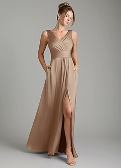Azazie Karina Bridesmaid Dresses Taupe A-Line Pleated Stretch Satin Dress image1