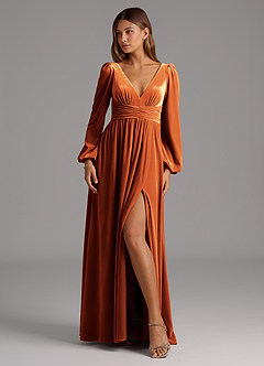 Azazie Norah Bridesmaid Dresses Burnt Orange A-Line Long Sleeve Velvet Dress image1