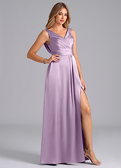 Azazie Karina Bridesmaid Dresses Frosted Lilac A-Line Pleated Stretch Satin Dress image5