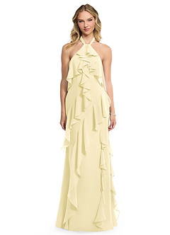 Azazie Velma Bridesmaid Dresses Lemon Sorbet A-Line Side Slit Chiffon Dress image1