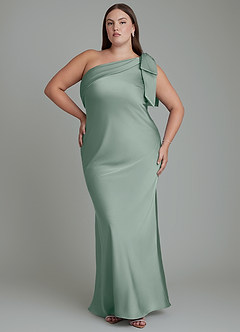 Azazie Yuanna Vestidos de damas de honor Vestido Salvia Plateada de Satén Elástico de Corte Sirena con Un hombro image1