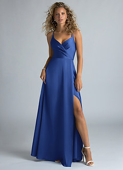 Azazie Davis Bridesmaid Dresses Royal Blue A-Line Pleated Stretch Satin Dress image2