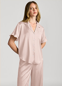 front Matching Color Ruffled Short Sleeve Long Pants Pajama Set
