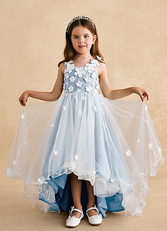 Azazie Celia Abiti da Ragazza di Fiori Abito A-Line in Tulle Pizzo Azzurro Polvere image4