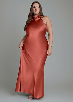 Azazie Velli Bridesmaid Dresses Terracotta Sheath High Neck Metallic Satin Dress image11