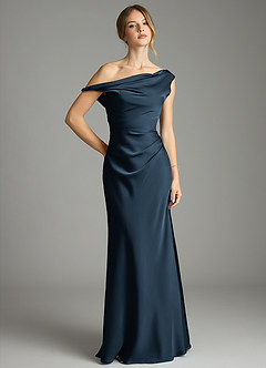 Azazie Emerson Bridesmaid Dresses Dark Navy Mermaid Off the Shoulder Stretch Satin Dress image1