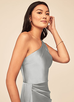 Azazie Maron Bridesmaid Dresses Silver A-Line One Shoulder Stretch Satin Dress image6
