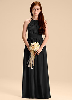 Azazie Malone Junior Black A-Line Pleated Chiffon Dress image1