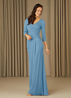 Azazie Rosena Mother of the Bride Dresses Steel Blue Sheath Pleated Mesh Dress image1