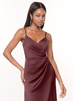 Azazie Maci Bridesmaid Dresses Sangria A-Line V-Neck Pleated Stretch Satin Dress image5