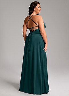 Azazie Mei Robes de demoiselle d'honneur Robe Trapèze en Satin extensible Col en V Vert Pin image11