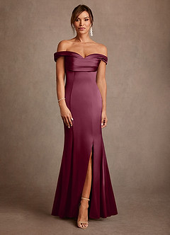 Azazie Boone Mother of the Bride Dresses Mulberry Mermaid Off the Shoulder Stretch Satin Dress image2