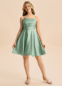 Azazie Miko Junior A라인 주름진 스트레치 새틴 미니 주니어 신부 들러리 드레스 image5