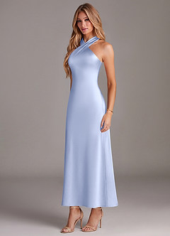 Azazie Doretta 신부 들러리 드레스 인어 주름진 스트레치 새틴 발목 길이 드레스 image4