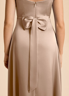 Azazie Kiki Junior Taupe A-Line Bow Stretch Satin Dress image4