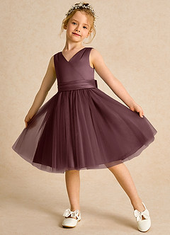 Azazie Tadpole Flower Girl Dresses Sangria A-Line Pleated Matte Satin Dress image4