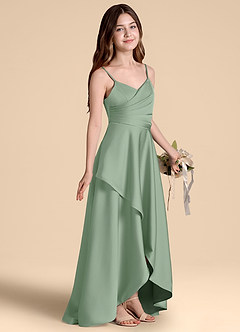 Azazie Prisha Junior Abito A-Line in Raso Elasticizzato Plissettato Matcha image1