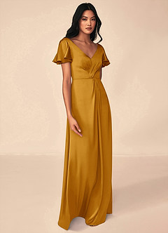 Azazie Soren Bridesmaid Dresses Butterscotch A-Line Pleated Stretch Satin Dress image4