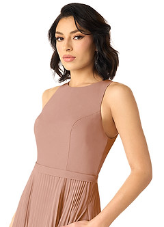 Azazie Lindie Bridesmaid Dresses Champagne Rose A-Line Scoop Pleated Chiffon Dress image4
