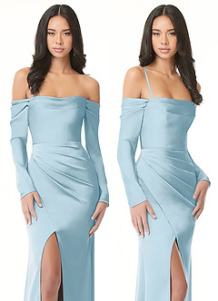 Azazie Hallie Bridesmaid Dresses Sky Blue Sheath Off-The-Shoulder Long Sleeve Stretch Satin Convertible Dress image9