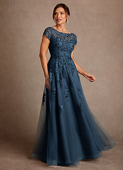 Azazie Jalinda vestidos de madre de la novia Vestido Azul Marino Oscuro de Gasa de Corte en A con Encaje image1