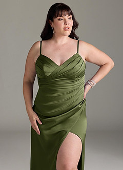 Azazie Yola Bridesmaid Dresses Olive Sheath V-Neck Pleated Stretch Satin Convertible Dress image14
